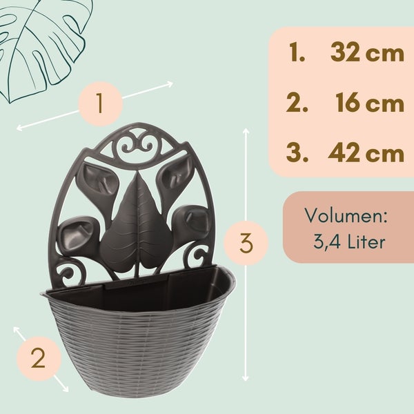 Wandblumentopf mit den Maßen 32 cm Breite, 16 cm Tiefe und 42 cm Höhe, Volumen 3,4 Liter.