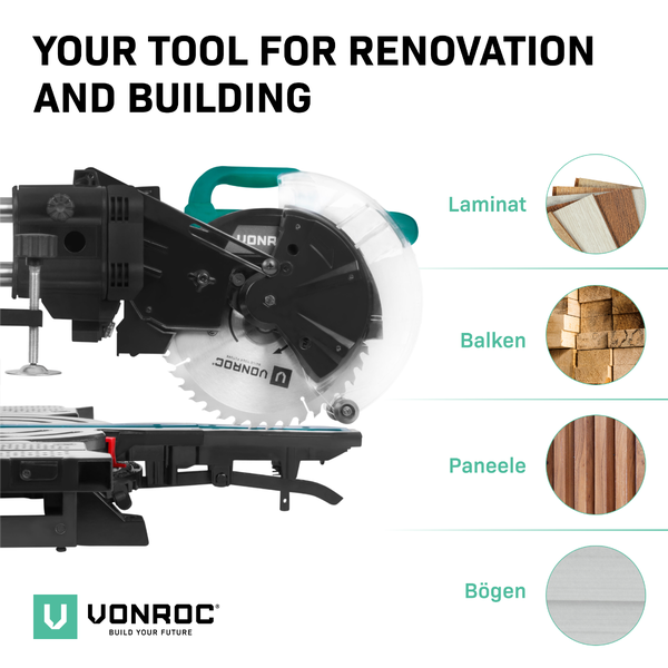 Vonroc Kapp- und Gehrungssäge für Renovierung und Bau, geeignet für Laminat, Balken, Paneele und Bögen. Vonroc Logo.