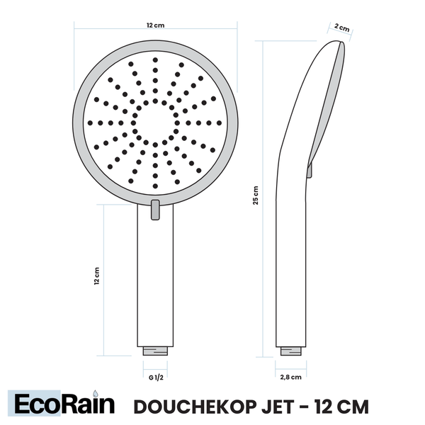 EcoRain 50% Wassersparender Duschkopf Jet 12 CM mit Wasserfilter - 3 Strahlarten - Hoher Wasserdruck - Universeller Anschluss - Anti-Kalk Duschkopf - Schwarz