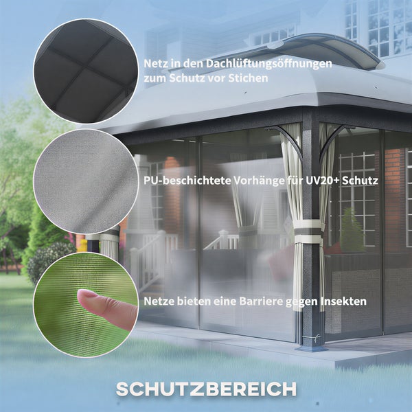Gartenpavillon mit Insektenschutznetz in der Dachbelüftung, PU-beschichteten Vorhängen für UV20 plus Schutz und feinmaschigen Moskitonetzen.
