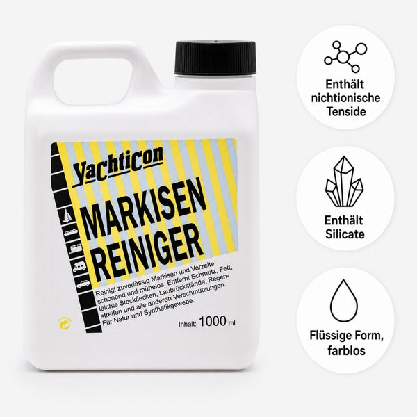 Yachticon Markisenreiniger 1000 Milliliter mit Symbolen fuer nichtionische Tenside Silikate und fluessige Form
