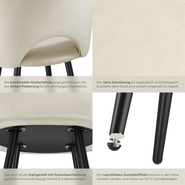 Detailansicht eines Stuhls mit Samtbezug und Stahlgestell