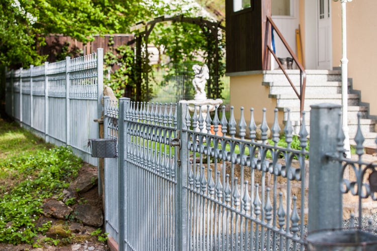 Ansicht eines Gartens mit einem Zaun aus Metall