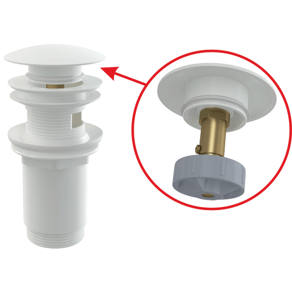 Weißes Pop-up Ablaufventil aus Kunststoff für Waschbecken mit Überlauf, mit Detailansicht des Messing-Mechanismus.