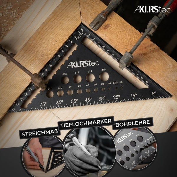 KLRStec Professional Zimmermannswinkel Set – Hochwertiges Tischlerwinkel Set inkl. Tieflochmarker [+Minen] Metall Messwinkel Werkzeug-Set