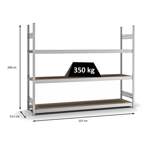 PROREGAL Weitspannregal Stecksystem T-Profil Grundregal HxBxT 200x250x50 cm 3 Ebenen Spanplatten Fachboden Fachlast 350 kg Verzinkt