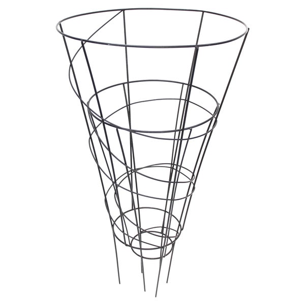 Konische Rankhilfe aus schwarzem Metalldraht mit drei horizontalen Ringen.