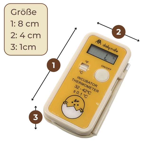 Digitales Inkubator Thermometer mit einer Größe von 8 x 4 x 1 Zentimeter.