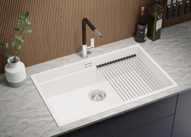 PRIMAGRAN Granitspüle Weiß 76x47cm, Spülbecken 1 Becken + Küchenarmatur 32x20cm + Ablauf-Set + Aufrollbare Abtropffläche, Küchenspüle ab 80er Unterschrank - Praga Slim