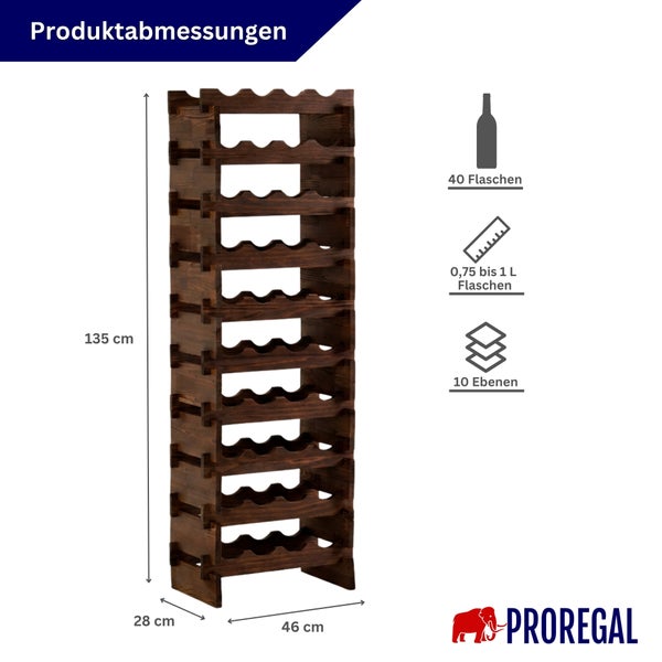 Proregal Weinregal Holz für 40 Flaschen von 0,75 bis 1 Liter mit 10 Ebenen. Maße: Höhe 135 Zentimeter, Breite 46 Zentimeter, Tiefe 28 Zentimeter.