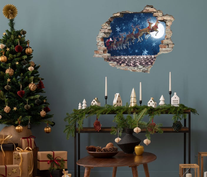 3D Wanddurchbruch selbstklebender Sticker Weihnachtsmann über den Dächern WS16034_60x50 cm