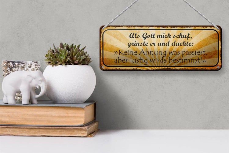 Blechschild Spruch 27x10cm als Gott mich schuf grinste er Dekoration
