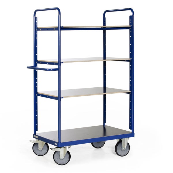 Blauer Etagenwagen mit vier Ebenen und Rollen