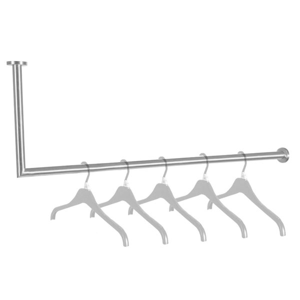 L-förmige Kleiderstange aus Metall für Wand- und Deckenmontage inklusive fünf Kleiderbügeln.