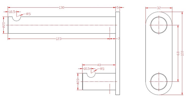 Technische Zeichnung eines Wandhalters mit zwei Halterungen und Maßangaben in Millimetern.