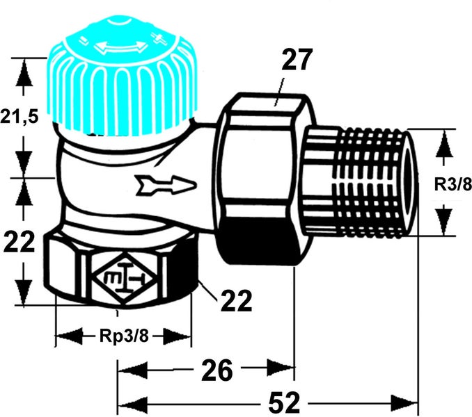 Maßzeichnung eines Heizkörper-Eckventils mit Anschlüssen R 3/8 Zoll und Rp 3/8 Zoll sowie Maßangaben in Millimetern.