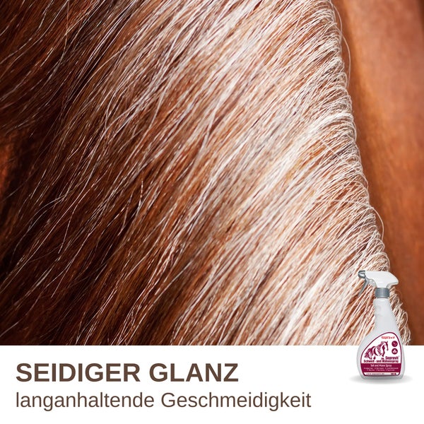 Supravit Schweif- und Mähnespray für Pferde für seidigen Glanz und langanhaltende Geschmeidigkeit, dargestellt an glänzendem Pferdehaar.