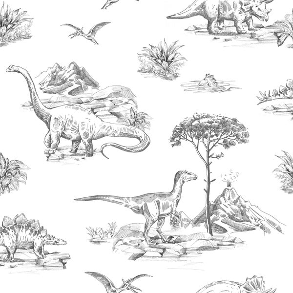 Skizzenmuster mit verschiedenen Dinosauriern in einer prähistorischen Landschaft