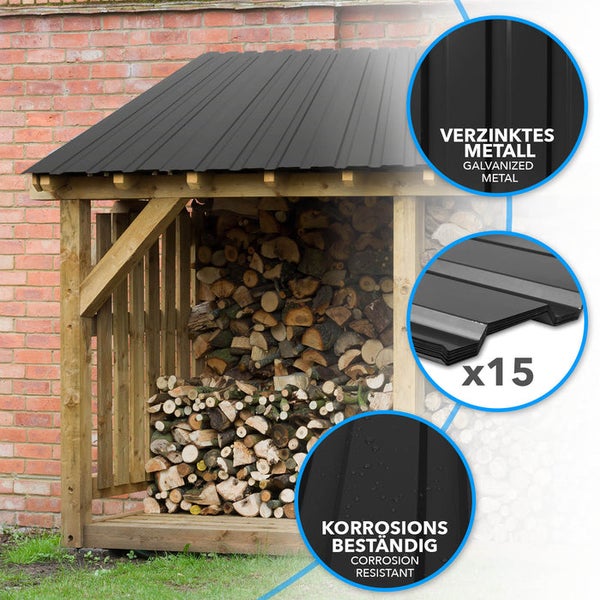 FLOORDIREKT Trapezblech - 115 x 45 cm - Profilblech - Stärke 0.25 mm - 15er-Set - inkl. Schrauben - 7,7 m² - Schwarz