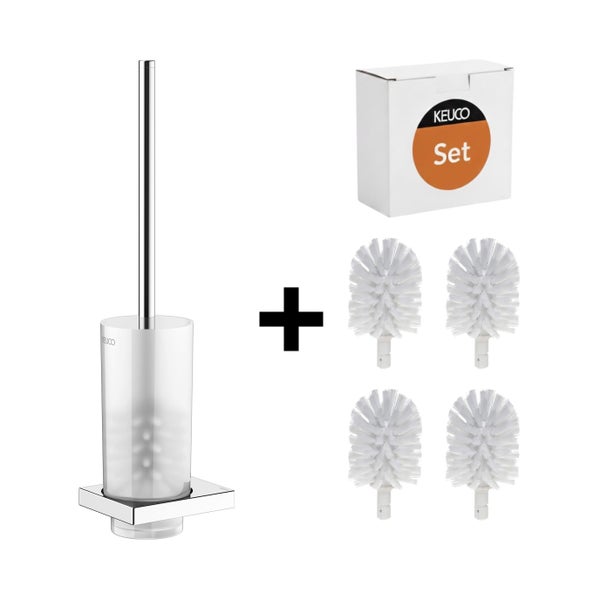 Keuco WC-Bürstengarnitur mit Wandhalterung aus mattiertem Glas, verchromtem Griff und vier Ersatzbürstenköpfen inklusive Verpackung.