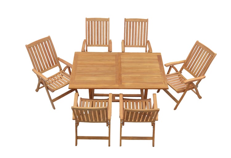Teak Sitzgruppe 6 Hochlehner klappbar und 1 Tisch ausziehbar 160 x 100 cm im Set