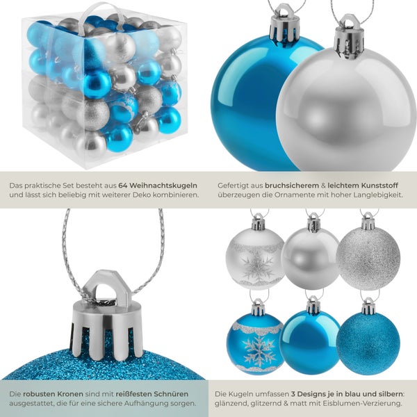 64er Set bruchsichere Weihnachtsbaumkugeln in Silber und Blau