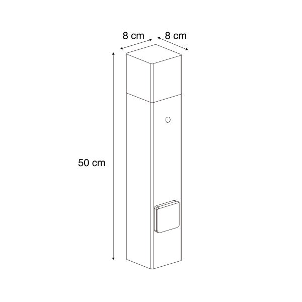 Technische Zeichnung einer quadratischen Außenstehleuchte mit einer Höhe von 50 Zentimetern sowie einer Breite und Tiefe von 8 Zentimetern.