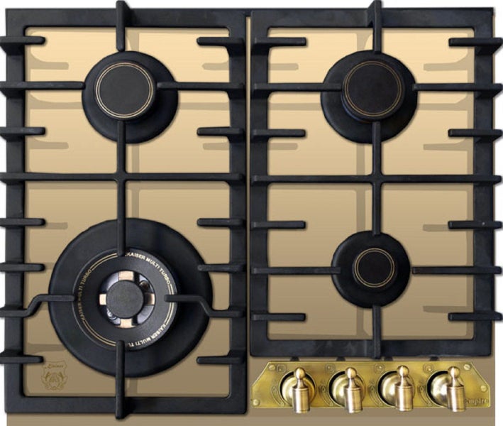Gaskochfeld mit vier Brennern und Gusseisen Topfträgern sowie messingfarbenen Drehknöpfen im Vintage Design
