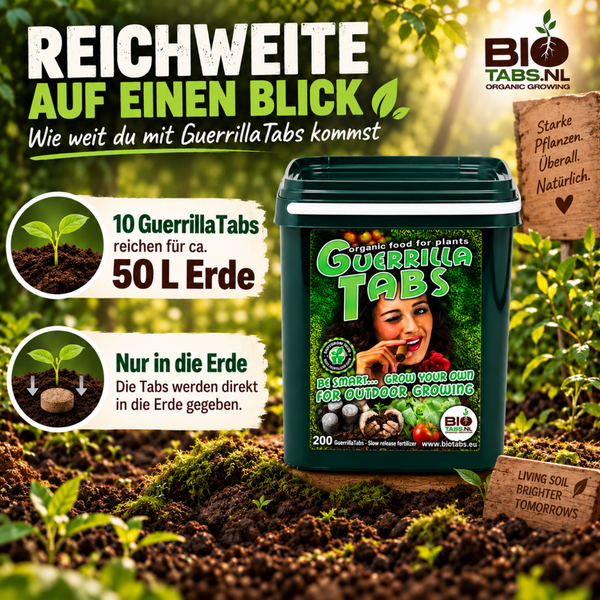 Infografik zu Biotabs Guerrilla Tabs Langzeitdünger für Pflanzen mit Anwendungshinweisen und Produktverpackung im Garten