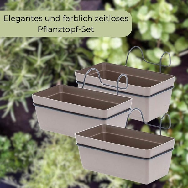 3 x Hängekasten Blumenkasten Pflanzkasten Set mit Halterung Metall Wandhalterung Haken Aufhängung innen außen Pflanzenhänger Kunststoff