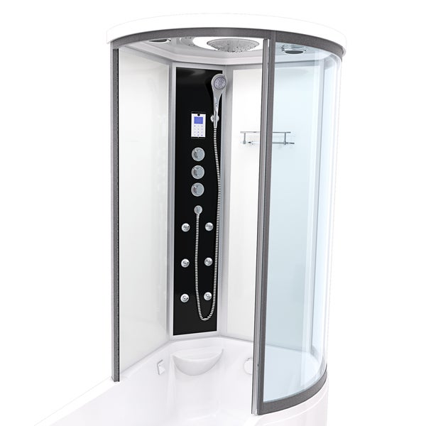 Komplettdusche mit Dampfbadfunktion, Regendusche, Handbrause, Glasablage und integrierter LED-Beleuchtung in verschiedenen Farben.