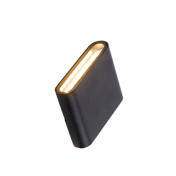 Moderne LED-Außenwandleuchte in Schwarz mit abgerundeten Ecken und warmweißem Licht.