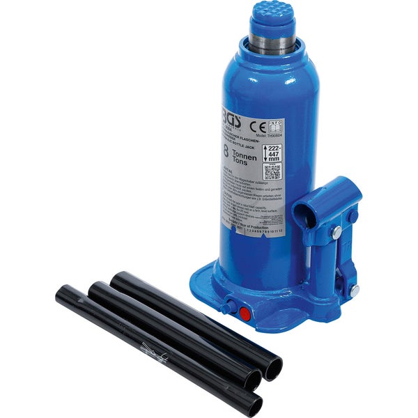 Blauer hydraulischer Stempelwagenheber aus Metall von BGS Technic für Lasten bis 8 Tonnen inklusive dreiteiliger schwarzer Hebelstange.