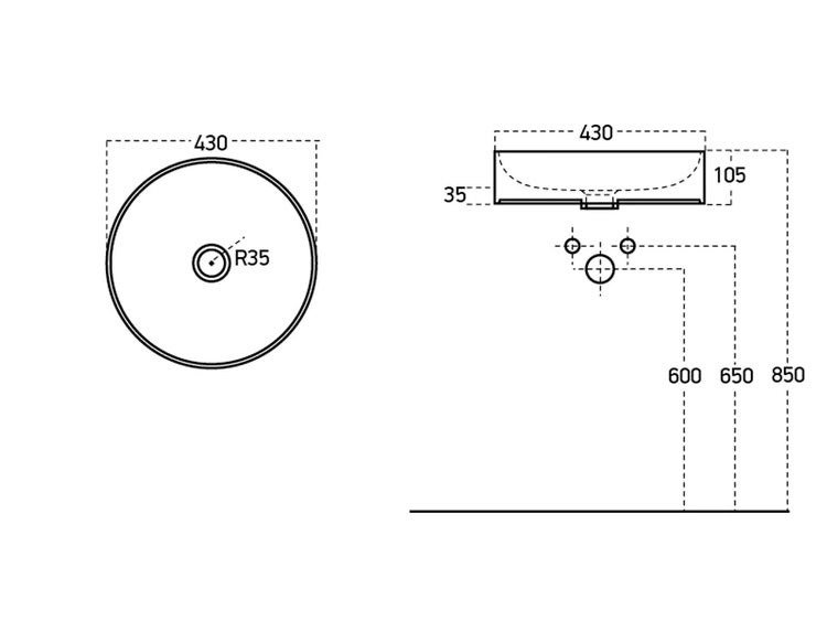 Technische Zeichnung eines runden Aufsatzwaschbeckens mit Maßangaben