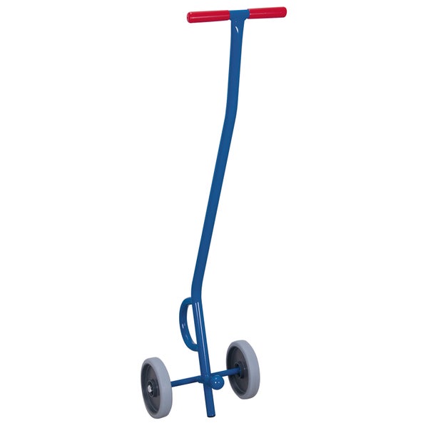 Heberolle aus blauem Metall mit zwei grauen Rädern und roten Handgriffen.