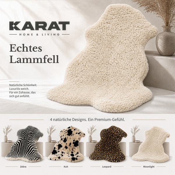 Karat Home & Living Logo und echtes Lammfell in den Designs Zebra, Kuh, Leopard und Moonlight.