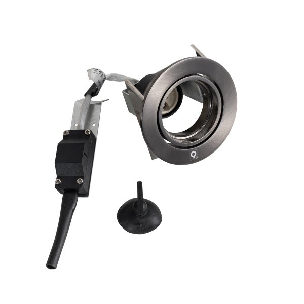 Einbaustrahler aus gebürstetem Metall mit Anschlusskabel, Klemmbox und Saugnapf-Montagehilfe.