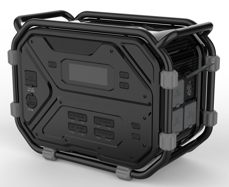 Tragbare Powerstation mit verschiedenen Anschlüssen wie USB, USB-C und Wechselstromausgang.