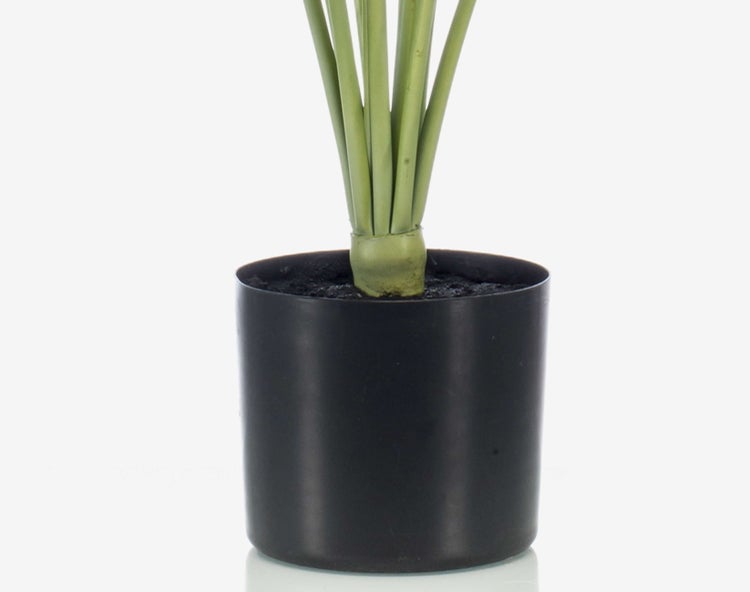 Künstliche Dracaena Pflanze mit mehreren Stämmen und grünen Blättern in einem schwarzen Topf.