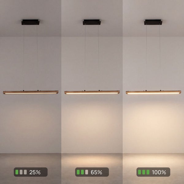 LED-Pendelleuchte aus Holz mit 3-stufiger Dimmfunktion bei 25 Prozent, 65 Prozent und 100 Prozent Helligkeit.