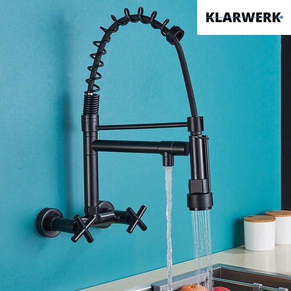 Björn | Gastronomie Wandmontage Armatur Schwarz matt | Profi Küchenarmatur Edelstahl Zwei Brausen | Doppelspülbecken Wasserhahn Restaurant Wand