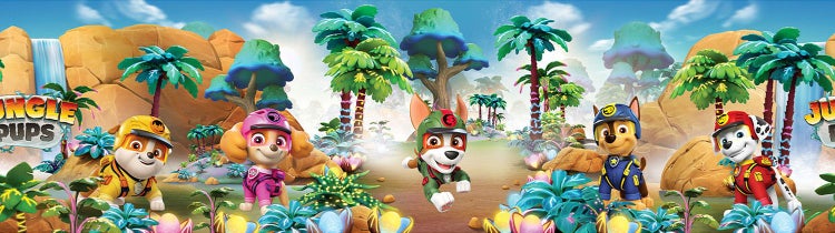 PAW Patrol Fototapete Jungle Pups mit den Charakteren Chase, Marshall, Rubble, Skye und Tracker in einer tropischen Dschungellandschaft.