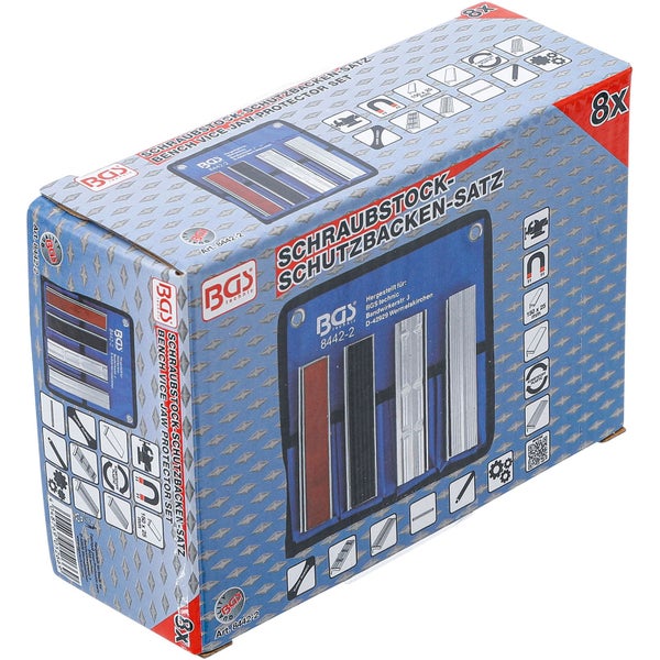 BGS technic Logo. Achtteiliger Schraubstock-Schutzbacken-Satz. Magnetisch, Größe 150 mal 25 Millimeter, aus Gummi und Kunststoff.