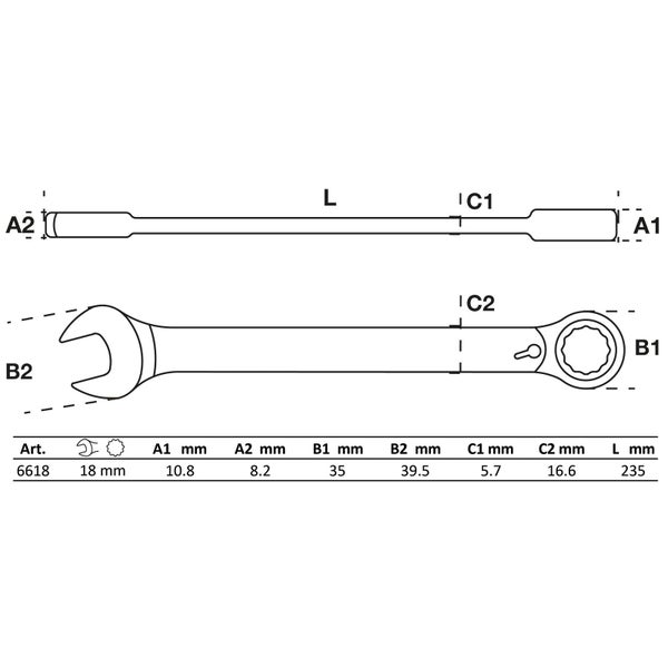 Technische Zeichnung Ringschlüssel und Maulschlüssel mit Größenangaben