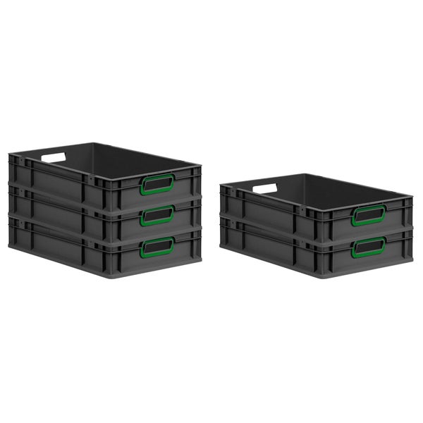 PROREGAL SparSet 5x Eurobox NextGen Color, HxBxT 12x40x60cm, 23 Liter, Griffe grün offen, Schwarz, Eurobehälter, Transportbox, Transportbehälter, Stapelbehälter