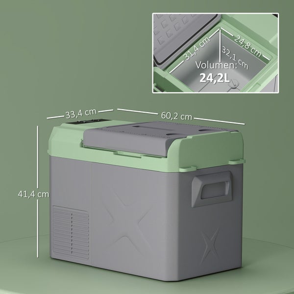 Outsunny 24,2 Liter Kompressor Kühlbox elektrische Kühlbox mit LED ECO-Modus Kühlfunktion leise Gefrierbox Thermobox Mini Kühlschrank 12/220 Volt für Auto Steckdose LKW Camping Boot Grau+Grün