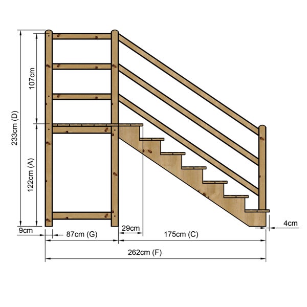 Technische Zeichnung einer Holztreppe mit Maßen