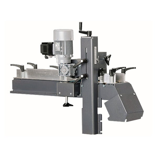 Vorschubapparat für Holzbearbeitungsmaschinen aus Metall mit Elektromotor, Verstellhebeln und einer vertikalen Säule mit Skala.