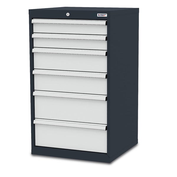 Anthrazitfarbener Werkzeugschrank aus Metall mit sechs hellgrauen Schubladen und Zentralschloss für die Werkstatt.