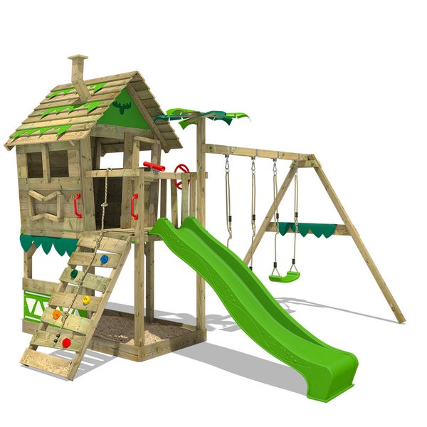 FATMOOSE Spielturm Klettergerüst JungleJumbo mit Schaukel und Rutsche, Kletterturm mit Sandkasten, Leiter und Spiel-Zubehör - apfelgrün